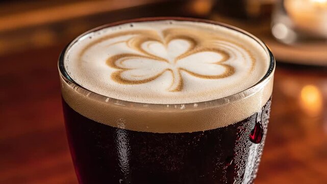 Close-up of a dark stout beer with shamrock latte art in the foam. Condensation drop running down the glass in a warm Irish pub. St. Patrick's Day celebration concept