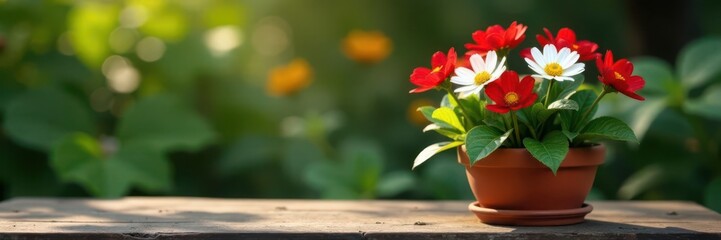 Fototapeta premium Red & white blooms in terracotta pot on rustic bench, bench, vibrant, home decor