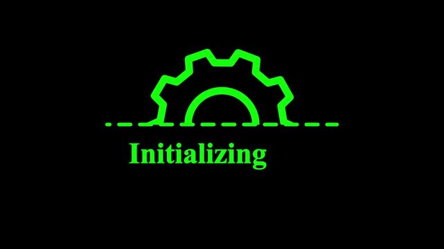 Initializing gear icon animation on black background, system startup progress indicator, technology software boot UI loop