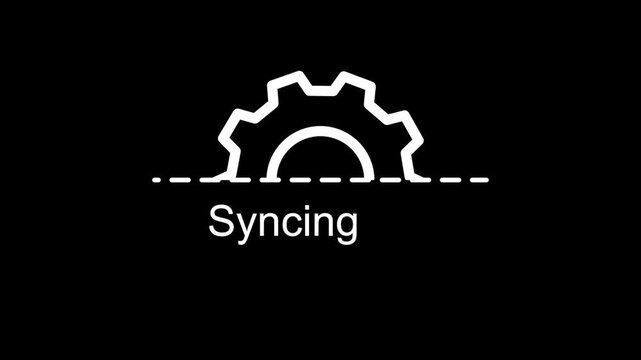 Syncing gear icon animation on black background, data synchronization progress indicator, technology system transfer