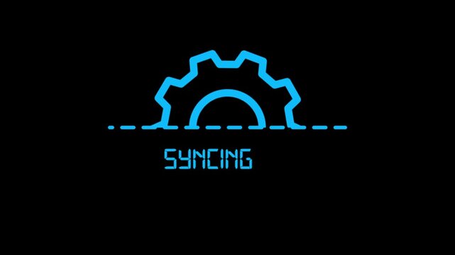 Syncing gear icon animation on black background, data synchronization progress indicator, technology system transfer