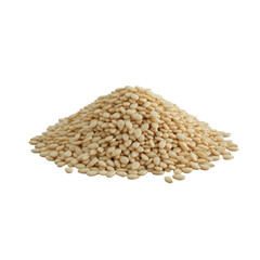 Fototapeta premium A neat mound of light beige unhulled sesame seeds, scattered individually, centrally placed against a pristine transparent background with soft studio lighting, concept of healthy food ingredients