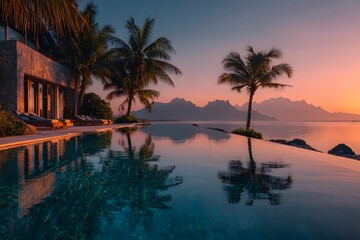 Obraz premium Luxury tropical villa featuring an infinity pool that reflects palm trees and the sunset, set against a mountain horizon with vacation vibes.