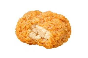 Bitten chicken nugget showing juicy white meat inside with crispy golden breading, fast food snack on transparent background