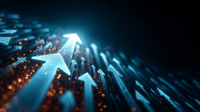 A dense collection of glowing blue and white upward arrows ascending in order against a dark background, symbolizing progress, growth, and positive momentum.