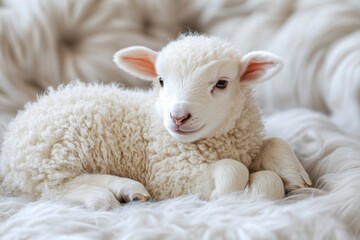 Naklejka premium Adorable White Lamb Resting on Soft Surface lamb white adorable soft resting sheep baby animal wool