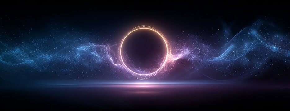 A luminous golden ring resembling a mysterious black hole or cosmic portal, with red-orange gradients and surrounded by flowing blue-purple nebula on a deep black background, creating a sense of unkno