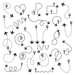 Airplane flight path with dotted line route showing travel journey from start to destination, perfect for aviation and tourism design projects