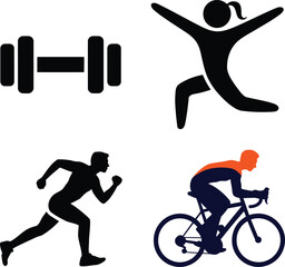Fitness with runner cyclist weightlifter and dancer silhouettes