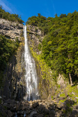 A striking waterfall cascades down a tall cliff face surrounded by dense green forest at Nachi Falls in Wakayama, Japan. Sunlight highlights the rugged rocks and lush foliage beneath a vivid blue sky.
