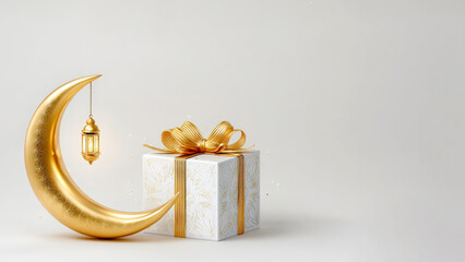 Elegant Ramadan still life with golden crescent moon, ornate lantern, and white gift box wrapped in gold ribbon on white background copy space text area,