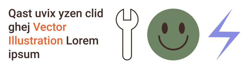 Fototapeta premium Graphic design, tools, emotions, energy, repair, creativity. Wrench, green happy face and blue lightning bolt alongside placeholder text. Design concepts and tools for creative projects