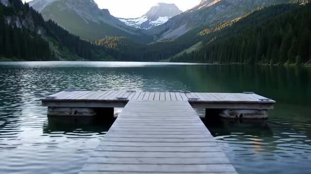 Scenic mountain lake with a wooden dock leading into the calm water.