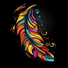 Vibrant Multicolored Abstract Feather Design with Floating Swirls on Black Background
