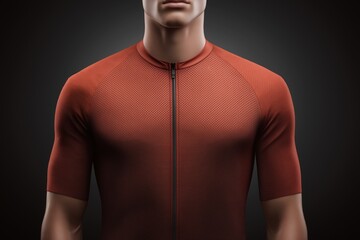 Man torso wearing rust cycling jersey with short sleeve. Male model in athletic sportswear with visible texture and front zipper