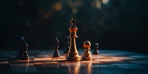 Golden chess king and pawn on chess board. Political strategy and leadership concept for political analysis and power games. Banner with copy space