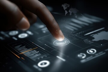 Finger touching futuristic digital interface with glowing circles, chart, graph, and world map. Concept of technology, data analysis, global business and innovation