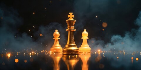 Gold king chess piece with two pawns on a dark, smoky background, symbolizing strategy, leadership, and power in a political battle. Banner with copy space