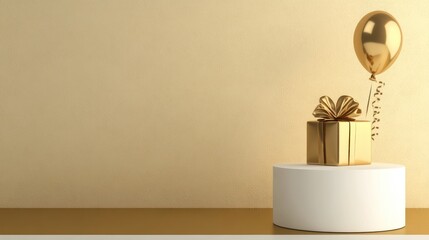 Golden gift box and balloon on white podium