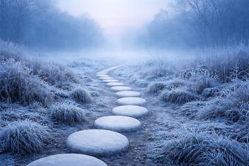 Frosty path with white stepping stones and Misty horizon on blue background.