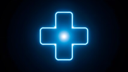 Obraz premium Blue neon medical cross symbol glowing brightly against dark black background representing healthcare services pharmacy hospital and emergency first aid care