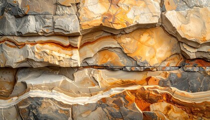 Layered natural stone texture with warm orange and gray tones, showcasing rugged surfaces and geological strata
