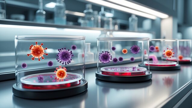 Virus models isolated in glass containers on a laboratory table, symbolizing scientific research and biological threat. AI-generated. - Powered by Adobe