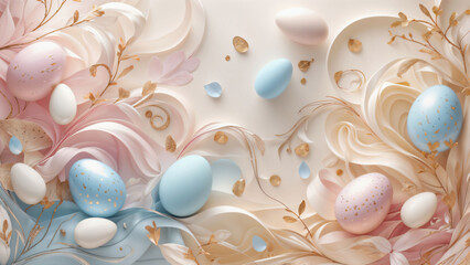 Elegant easter flat lay with pastel pink and blue eggs, ethereal leaves, and copy space on a beige background