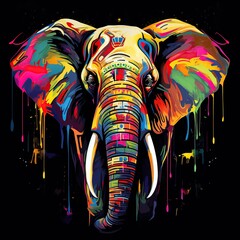 Vibrant Multicolored Dripping Elephant Head Artwork with Neon Accents Against Black Background
