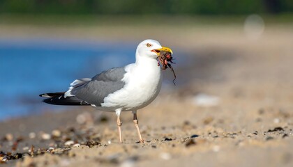 Obraz premium Seagull with prey on a sandy beach by the ocean