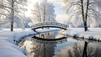 Serene snow-covered bridge gracefully arches over a tranquil winter stream, reflecting in the calm water.