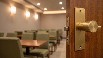 Modern interior view of dining area seen through open door, featuring green chairs and wooden tables, creating welcoming atmosphere
