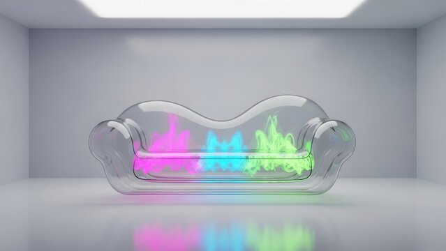 Futuristic transparent glass sofa with neon glowing smoke, modern inflatable style couch in white studio, surreal 3D furniture art