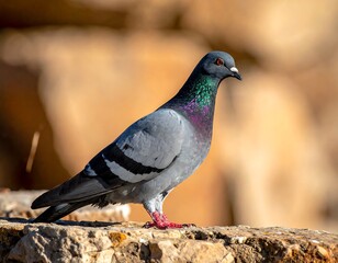 Fototapeta premium Pigeon stands poised on a stone wall, iridescent neck shimmering in sunlight against blurred warm-toned backdrop