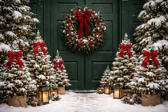 Dark green paneled door with festive holiday wreath and red bow, flanked by snow covered mini trees. calm winter scene creates welcoming and traditional entrance