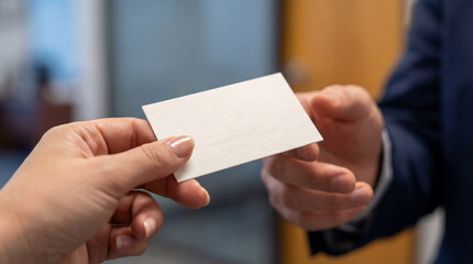 Networking event business card exchange office space professional interaction indoor setting close-up relationship building