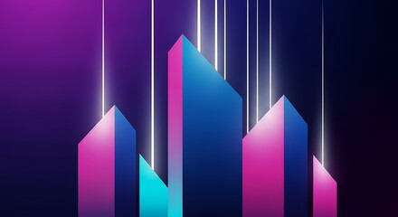 紫と青のグラデーションが美しい未来都市風の3D抽象背景