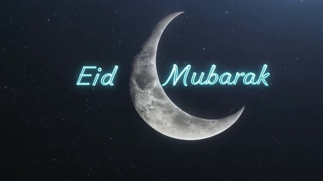 Eid Mubarak greeting message glows over a crescent moon in a beautiful starry night sky.