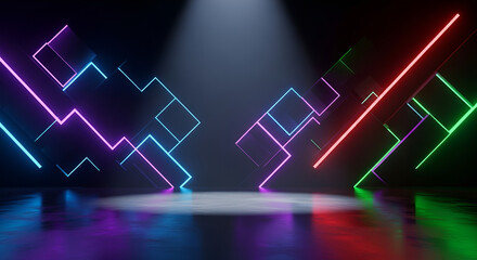 Lit abstract neon geometric shapes on dark reflective floor, futuristic lighting concept