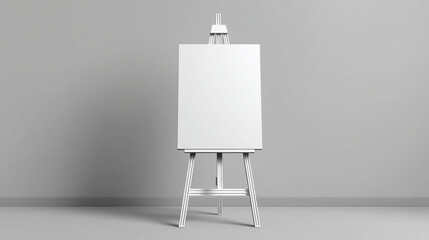 Blank canvas on wooden easel standing against plain gray background in studio lighting perfect for art presentations, painting mockups and creative projects
