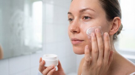 Skincare routine application bathroom personal care indoor close-up beauty ritual