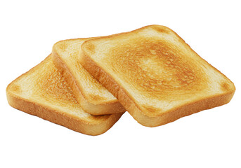 Fototapeta premium Three golden-brown toasted bread slices with crisp texture and light charring, slightly stacked against a clean, bright white background with abundant copy space, appetizing commercial food