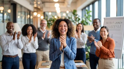Celebration of success at business launch event office setting group photo professional environment engaging viewpoint