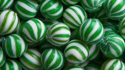 Obraz premium Close-up of green and white striped hard candies piled together in random pattern perfect for sweet packaging, confectionery ads and candy-themed backgrounds