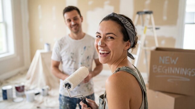 Home renovation smiles diy painting fun cozy living room image of joyful couple indoor bright and inspiring concept
