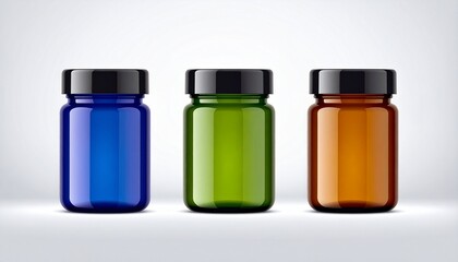 Fototapeta premium Three glass jars with black lids in blue, green, and amber colors arranged side by side on white surface.