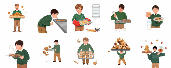 Fototapeta premium Collection of illustrations showing a young boy baking, preparing, decorating, and enjoying fresh homemade cookies and sweet desserts.