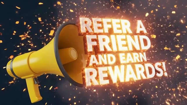 A prominent yellow megaphone with glowing 3D text Refer A Friend And Earn Rewards