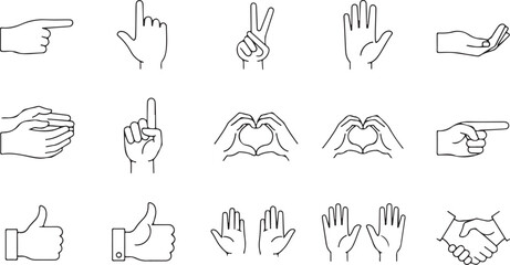 Collection of Hand Gestures Icons: Pointing, Thumbs Up, Heart, Peace, and Handshake Isolated on White Background