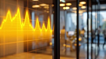 A digital display shows a trend line in a business office. Professionals discuss marketing strategies in the background. The setting highlights collaboration and technology. - Powered by Adobe